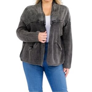 Heyson Soft Charcoal Blck Mineral Washed Cotton Ribbed Cardigan